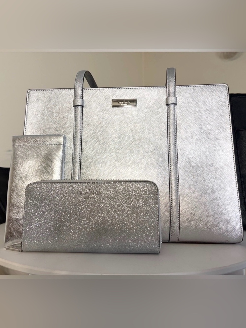 kate spade “Kenzie” Silver Metallic Large Tote with Kate Spade glitter Wallet